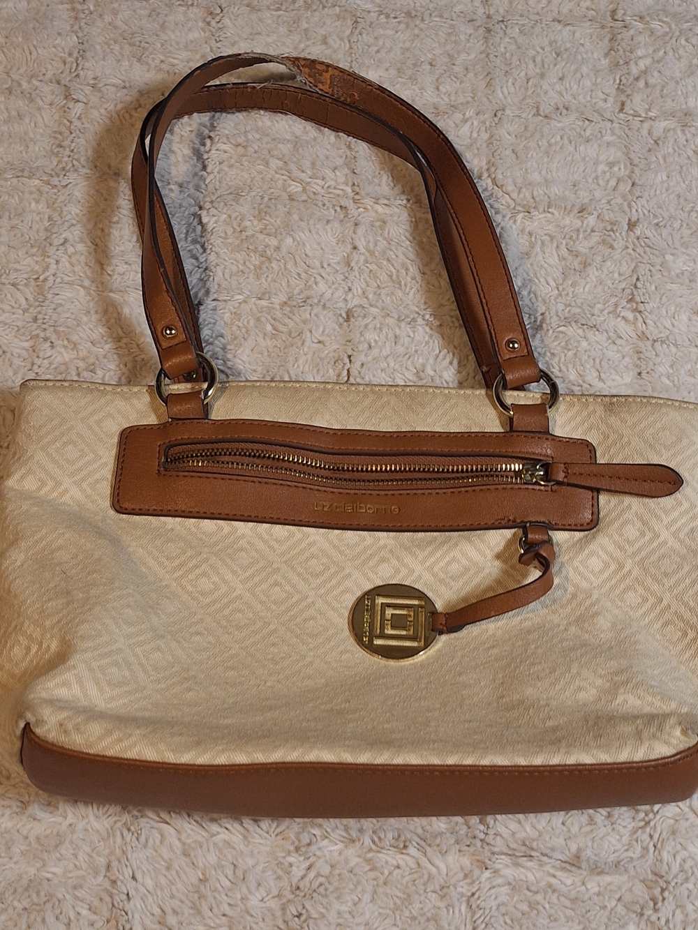 Liz Claiborne Cream and Tan Leather-Trim Tote